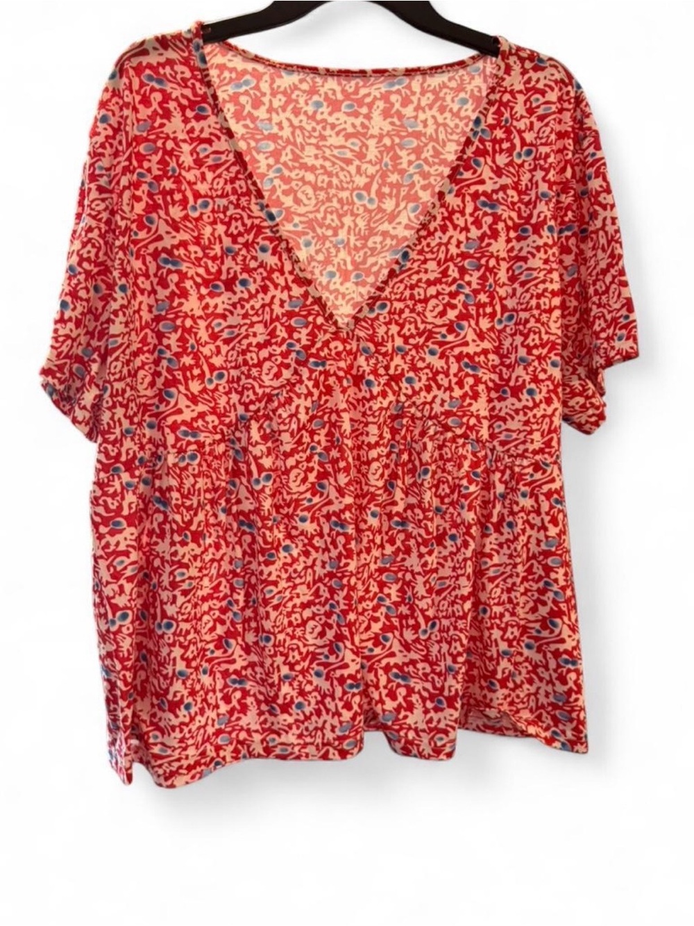 Ellos V-Neck A-Line Tunic in a vibrant red and blue floral print 5xl